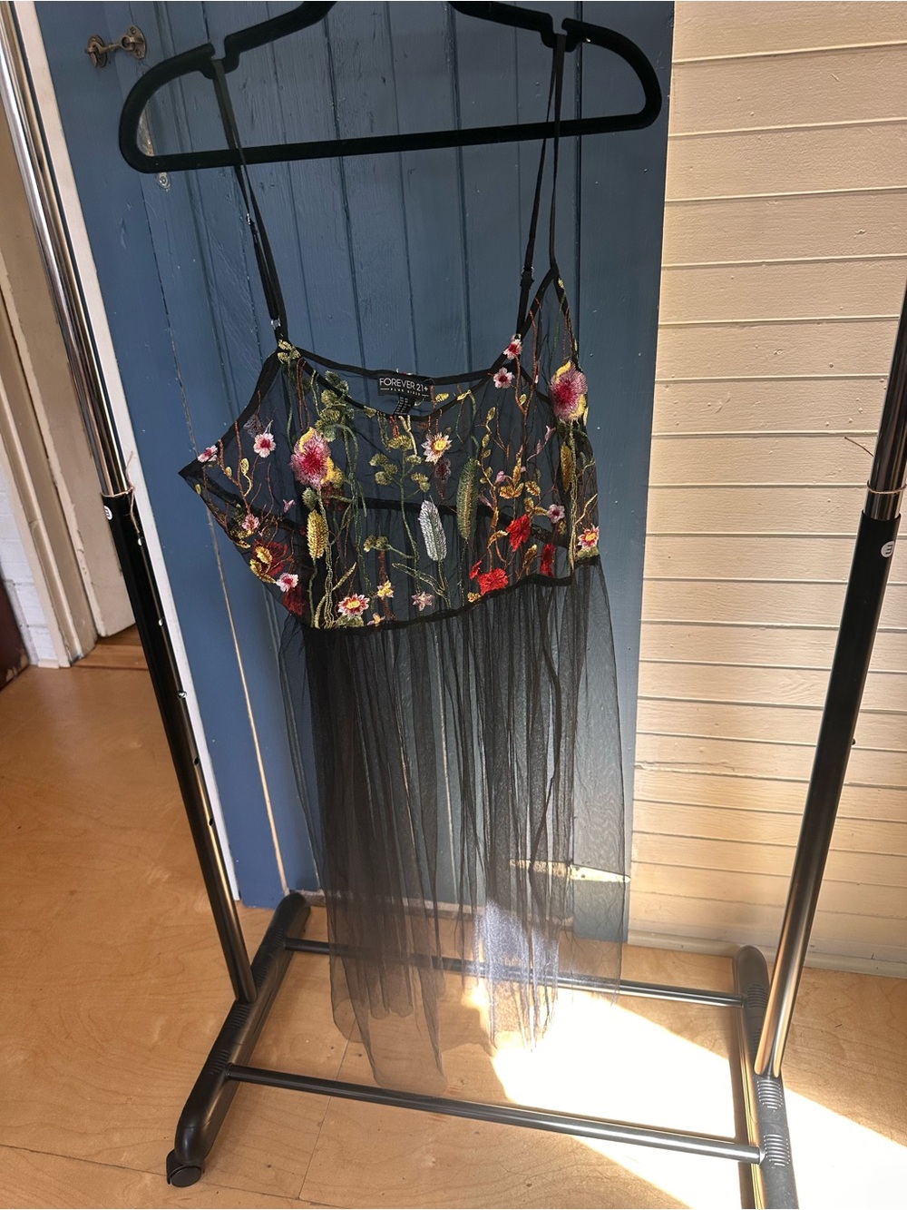 Forever 21 Black Sheer Cami with Multicolor Floral Embroidery